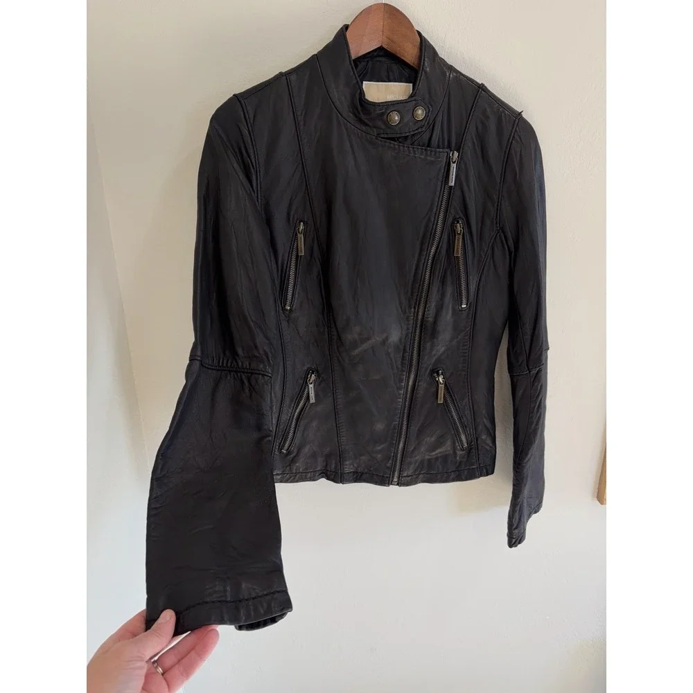 Michael Kors Lambskin Leather Moto Jacket Womens Black Biker Asymmetrical Medium